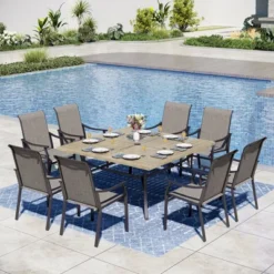 Captiva Designs 9pc Spacious Slat-top Square Metal Table With Umbrella Hole & Brown Textilene Fixed Chairs -Furniture GUEST c4344640 8f17 4205 a901 79a1c13c64ea