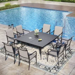 Captiva Designs 9pc Patio Dining Set With Spacious Slat-top Square Metal Table & Steel Frame Chairs -Furniture GUEST c48c1726 18e8 41d3 82e0 a31f66cf270f
