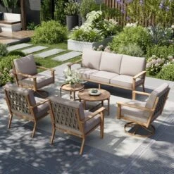 Captiva Designs 7PC Outdoor Patio Cross-Band Back Conversation Set With Thick Cushions For Deck, Garden, Or Poolside -Furniture GUEST c56c39ed 6b6a 430d b8d3 5627211bfd35