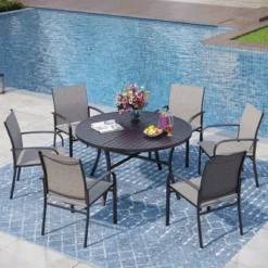Captiva Designs 7pc Black Round Slatted Steel Table With Umbrella Hole & Textilene Chairs -Furniture GUEST c7456ece c8f7 49e9 8b6d 3ff499ddb666