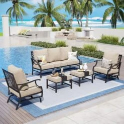 Captiva Designs 5pc Metal Patio Outdoor Conversation Set With Rocking Grid-back Chairs And Ottomans -Furniture GUEST c83eb3d5 b81b 45bc 91c0 81ce6442ef6b
