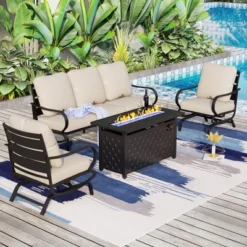 Captiva Designs 4pc Metal Patio Seating Furniture Fire Pit Set With Rocking Chairs For Garden Porch Backyard -Furniture GUEST cde0d402 516c 488d b0bf 85fbdfcb5205