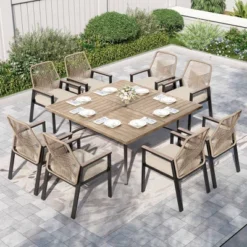 Captiva Designs 9pc Patio Square Driftwood Metal Dining Table And Thick Cushion Fixed Wicker Chairs -Furniture GUEST cf6b9091 31f6 495d 86f0 673b2834fda8