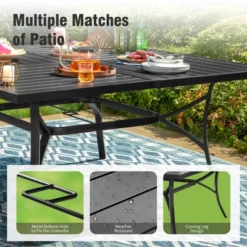 Captiva Designs 9pc Spacious Slat-top Square Metal Table With Umbrella Hole & Fixed Metal Chairs With Cushions -Furniture GUEST cf881a16 b609 4f69 913c 574f8d6a20ab 3