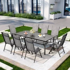 Captiva Designs 9pc Spacious Slat-top Rectangle Metal Table With Umbrella Hole & Textilene Reclining Foldable Chairs -Furniture GUEST cf9f3969 62b4 4667 9c3e 73477c490148