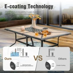 Captiva Designs 8pc Outdoor Wood-look Rectangle Steel Dining Table & Sling Swivel Chairs & Market Umbrella -Furniture GUEST d083df3a 3a81 4358 a022 f7a6805ba5c9