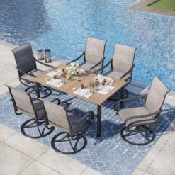 Captiva Designs 7pc Outdoor Rectangle Steel Table With Umbrella Hole & Textilene Swivel Chairs -Furniture GUEST d215770d dbda 4b41 8c65 02352421af66