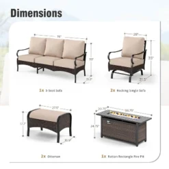 Captiva Designs 6pc Extra Large Metal And Rattan Outdoor Patio Fire Pit Set With Rocking Armchairs And Ottomans