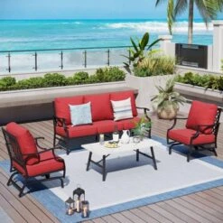 Captiva Designs 4pc Patio Outdoor Conversation Set With Rocking Grid-back Chairs For Garden, Poolside, Backyard -Furniture GUEST d2f432b3 d3e7 4a7e bd6c 22912d537bc0