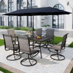 Captiva Designs 7pc Patio Dining Slat-top Rectangle Table & Textilene 360 Degree Swivel Chairs -Furniture GUEST d35d6ffd c282 48c0 9da3 1e84c1ee8f52