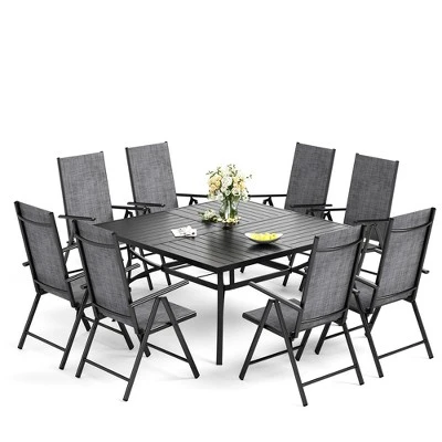 Captiva Designs 9pc Spacious Slat-top Square Metal Table With Umbrella Hole & Reclining Foldable Sling Chairs 5 Captiva Designs 9pc Spacious Slat-top Square Metal Table With Umbrella Hole & Reclining Foldable Sling Chairs - Image 3