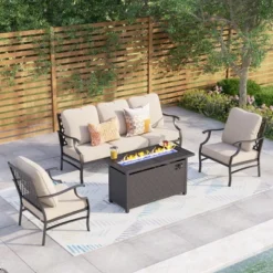 Captiva Designs 4pc Metal Patio Outdoor Conversation Fire Pit Set With Grid-back Armchairs For Garden, Poolside, Backyard -Furniture GUEST d4c87849 d90b 4a9c 8ba5 0e1512f4046b