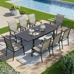 Captiva Designs 9pc Patio Spacious Black Steel Dining Table & High Back Padded Grayish Brown Sling Armrest Chairs