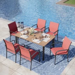 Captiva Designs 7pc Outdoor Patio Wood-look Slatted Top Steel Dining Table & Sling Fixed Chairs -Furniture GUEST d57d5001 7a5d 4e5a bb45 6a07aadf1a24