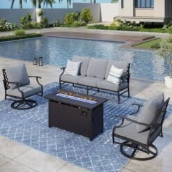Captiva Designs 4PCS Patio Outdoor Conversation Fire Pit Set With Swivel Armchairs For Garden, Poolside, Backyard -Furniture GUEST d7e197b0 29c7 41e8 bcb7 2149ea83a7d4