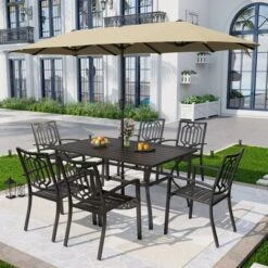 Captiva Designs 8pc Outdoor Rectangle Steel Dining Table & Stackable Metal Chairs & Beige Umbrella -Furniture GUEST d81e13ef 2bb7 439e b6c6 48b335ba9942