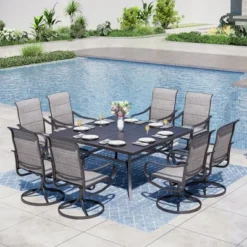 Captiva Designs 9pc Spacious Slat-top Square Metal Table With Umbrella Hole & Padded Textilene Swivel Chairs -Furniture GUEST d8253d6a c6ab 4c36 a020 226784db7222