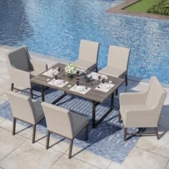 Captiva Designs 7pc Patio Dining Set Wood-look Rectangle Table & Cushioned Metal Chairs -Furniture GUEST d82d4f54 ba44 4cb3 b4db ec85693acc2d