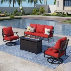 Captiva Designs 4PCS Patio Outdoor Conversation Fire Pit Set With Swivel Armchairs For Garden, Poolside, Backyard -Furniture GUEST d9497694 00fe 43dd 8c87 fe6a5302a5eb