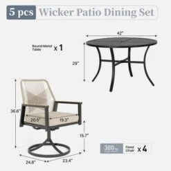 Captiva Designs 5pc Patio Dining Steel Set With Slat-top Round Table & Beige Rattan Chairs With Thick Cushions -Furniture GUEST d967d195 09c5 4abb 88bb 3ce0745e1cab