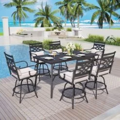 Captiva Designs 7pc Outdoor Patio Slatted Top Rectangle Metal Bar Table & Steel Swivel Bar Stools -Furniture GUEST d96e2017 9c61 4a0a 99c6 446f9350fd64