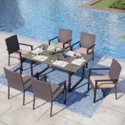 Captiva Designs 7pc Patio Wood-look Rectangle Dining Table & Rattan Chairs With Removable Cushions -Furniture GUEST d9c69ae3 81d2 4202 a770 988eeec12bd3