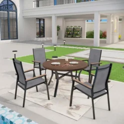 Captiva Designs 5pc Patio Dining Set Steel Frame Table With Umbrella Hole & Gray Textilene Chairs With Wood-like Armrests -Furniture GUEST da8d9f18 e43f 49d2 9a3b dc992958f592