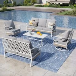 Captiva Designs 5pc Extra Large Metal And Rattan Outdoor Patio Conversation Set With Swivel Grid-back Chairs And Loveseat -Furniture GUEST dab54b2a d9a8 436a 9b2a 402a14581a61