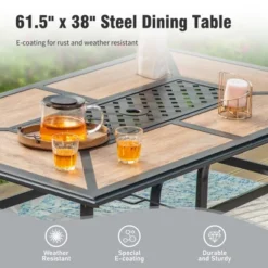 Captiva Designs 8pc Outdoor Wood-look Rectangle Steel Dining Table & Sling Swivel Chairs & Market Umbrella -Furniture GUEST dbce1b07 e119 48b4 9d12 233bfe4e4a21