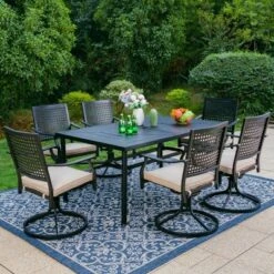 7pc Outdoor Dining Set With Steel Swivel Chairs & Large Rectangle Metal Table With Umbrella Hole - Black - Captiva Designs -Furniture GUEST dde36d24 19f4 45d6 8a8c c63cd26c26d6
