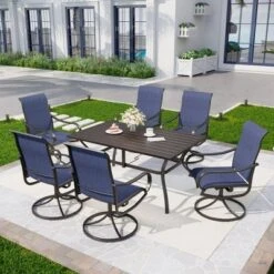 Captiva Designs 7pc Patio Dining Slat-top Rectangle Table & Textilene 360 Degree Swivel Chairs -Furniture GUEST de7f2a5c 6dad 4285 8a33 275291117a07