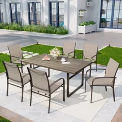 Captiva Designs 7pc Patio Dining Set Wood-look Rectangle Table With Umbrella Hole & Sling Fixed Chairs -Furniture GUEST e0300d2e a7f7 49cf b134 e99fadbb9b61