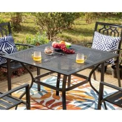 Captiva Designs 5pc Steel Outdoor Patio Dining Set With Patterned Arm Chairs & Square Table With Umbrella Hole Black