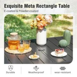 Captiva Designs 7pc Outdoor Patio Slat-top Rectangle Dining Steel Table & Foldable Arm Chairs -Furniture GUEST e3ec3f1b f42c 4cb6 9645 aef93cc51211