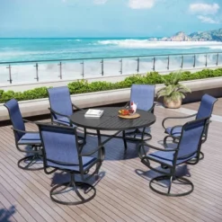 Captiva Designs 7pc Black Round Slatted Steel Table With Umbrella Hole & Textilene Swivel Chairs -Furniture GUEST e4422eaa 11c3 4a8f 82fa 689303915c19