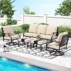 Captiva Designs 5pc XL Metal Outdoor Conversation Set With Swivel Chairs And Ottomans Beige: Steel Frame, Rust & Water-Resistant -Furniture GUEST e47cc758 114c 4934 b702 1b123dc176dc