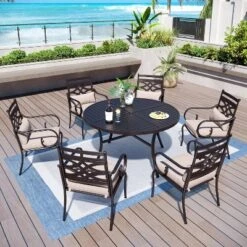 Captiva Designs 7pc Black Round Slatted Steel Table With Umbrella Hole & Metal Chairs With Seat Cushions And Waist Pillows -Furniture GUEST e4f3d1f3 54aa 454f a749 662c09abfe2e