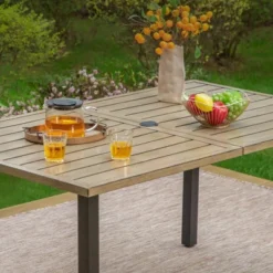 7pc Patio Dining Set With Wood Grain Tabletop & Metal Padded Arm Chairs - Captiva Designs -Furniture GUEST e538daf7 ec9a 4262 9254 5a43449f77a4