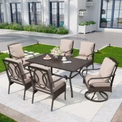 Captiva Designs 7pc Patio Dining Set With Slat-top Rectangle Table & Rattan Metal Fixed Chairs & Swivel Arm Chairs -Furniture GUEST e59ecca1 489a 4872 a29e 6c86b602415f