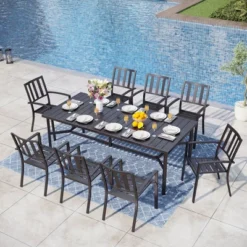 Captiva Designs 9pc Spacious Slat-top Rectangle Metal Table & Steel Stackable Chairs -Furniture GUEST e61623ad 4dae 49dc b24b 25fadb7ab152