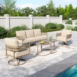Captiva Designs 4 Pieces Outdoor Patio Wood-Like Furniture Conversation Set With Ultra Thick Cushion And Nesting Coffee Table -Furniture GUEST e69cefaf dd56 4959 961d d0a035e26c1f