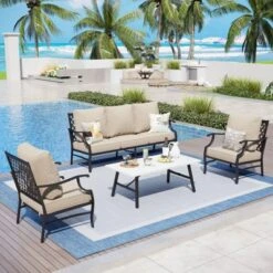 Captiva Designs 4pc Extra Large Metal Patio Outdoor Conversation Set With Armchairs For Garden, Poolside, Backyard -Furniture GUEST e6f3e7c4 919b 4808 bc60 841582941b27