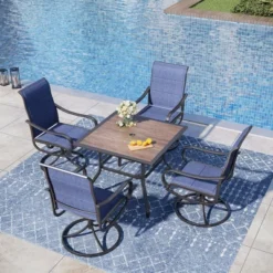 Captiva Designs 5pc Patio Wood-look Square Dining Table With Umbrella Hole & Textilene Swivel Chairs -Furniture GUEST e6f523ec b8fd 45e3 a395 7b6ff9713181