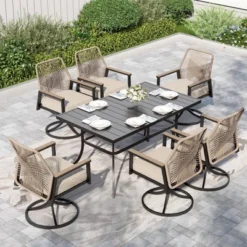 Captiva Designs 7pc Patio Dining Rectangle Steel Table And Swivel Wicker Chairs With Thick Cushions -Furniture GUEST e985bd84 36a1 4a6e 8fcf fcf0a30d547c