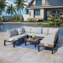 Captiva Designs Outdoor Off-white Conversation Set With Sectional Sofa & Coffee Table & Removable Cushion -Furniture GUEST eb2d7c61 9dae 4715 a3c0 c1449eaaee25