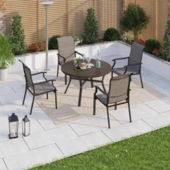 Captiva Designs 5pc Patio Dining Round Wood-look Table With Umbrella Hole & Assorted Cushioned/Textilene Chairs -Furniture GUEST ec8b4331 a17d 44c2 b38d eedcaa208f6f