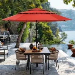 Captiva Designs 6pc Outdoor Patio Square Steel Dining Table With Stackable Metal Chairs And Market Umbrella -Furniture GUEST ed2540cd 062c 4485 986a 0d4fd03538ae