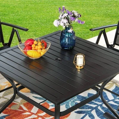 5pc Outdoor Dining Set With Sling Chairs & Metal Square Table With Umbrella Hole - Captiva Designs 9 5pc Outdoor Dining Set With Sling Chairs & Metal Square Table With Umbrella Hole - Captiva Designs - Image 7