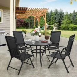 Round Patio Dining Table With Umbrella Hole - Black - Captiva Designs -Furniture GUEST ee1455d2 28b3 4b80 8459 a9c963febc86