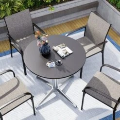 Captiva Designs 1pc Outdoor Patio Steel Dining Table With Sturdy Pedestal Base And X-Shaped Legs -Furniture GUEST eea96a73 e3f7 4d7c 94ff 43f5779638d7